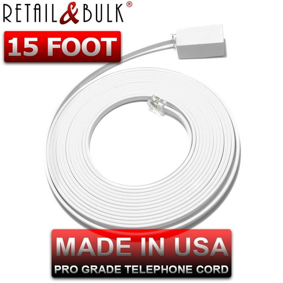 15 Foot Phone Extension Cord for Landline Telephones • High End Quality RJ11 Phone Cable • Pure Copper • 50 Micron Gold Contacts • Made in USA (White, 15 ft)