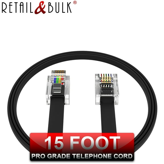 15 Foot RJ11 Telephone Cord - Pro Grade Phone Cable, 4 Wire, 100% Copper (Black 15ft) Made in USA