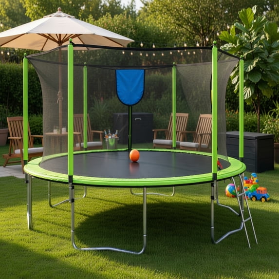 15-Foot Round Outdoor Trampoline with Enclosed Safety Net, Basketball ...