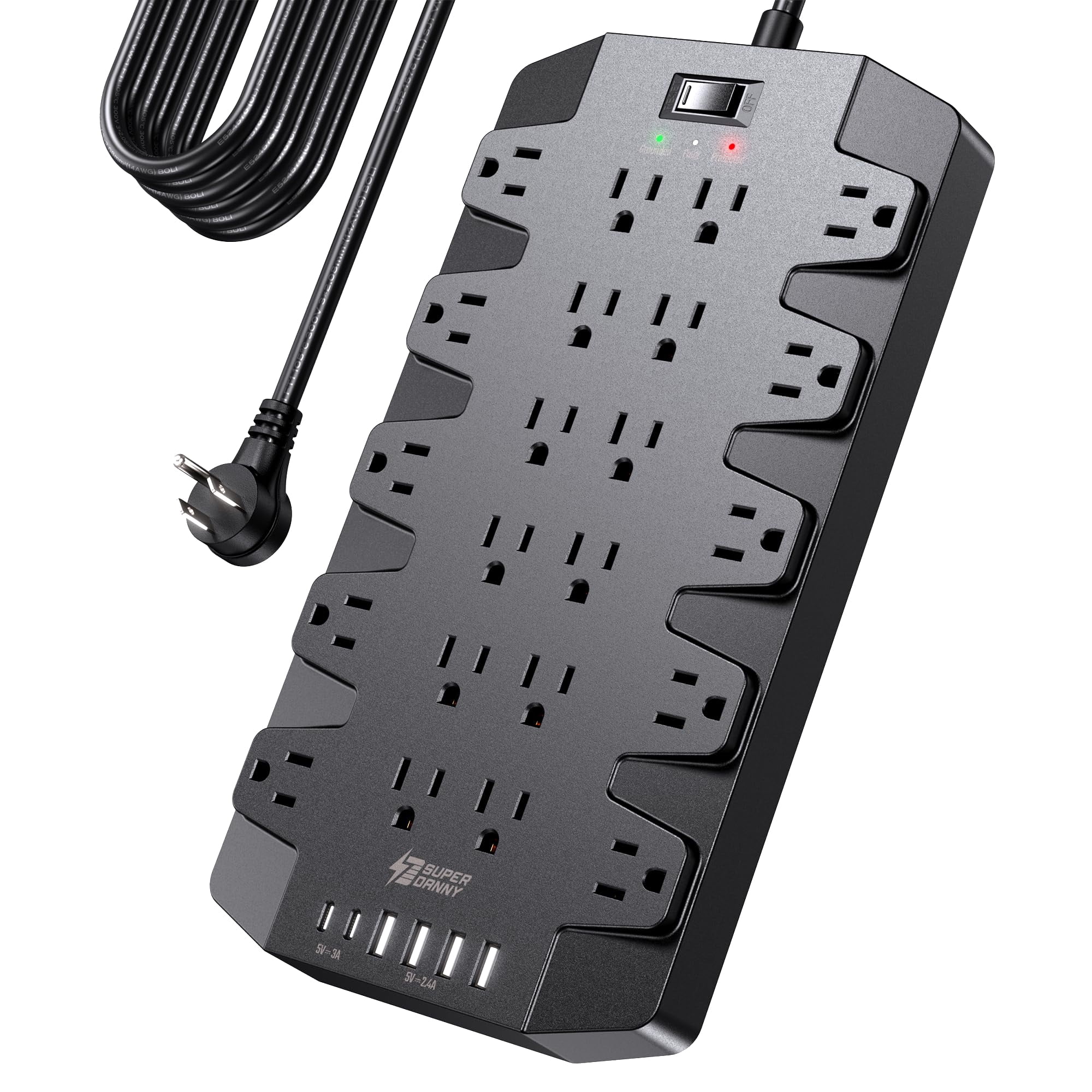 15 Ft Extension Cord Power Strips with Surge Protection, SUPERDANNY Surge Protector with 22 Outlets