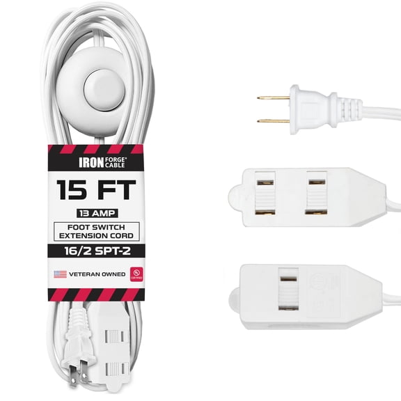 Iron Forge Cable 15 ft 3 Outlet White Extension Cord with Foot Switch - 16/2 SJTW 2 Prong Indoor Extension Cord with Multiple Outlets