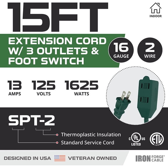 15 Ft Green Extension Cord with Foot Switch and 3 Electrical Power Outlet - 16/2 Durable Foot Switch Extension Cord for Christmas Lightning Decorations