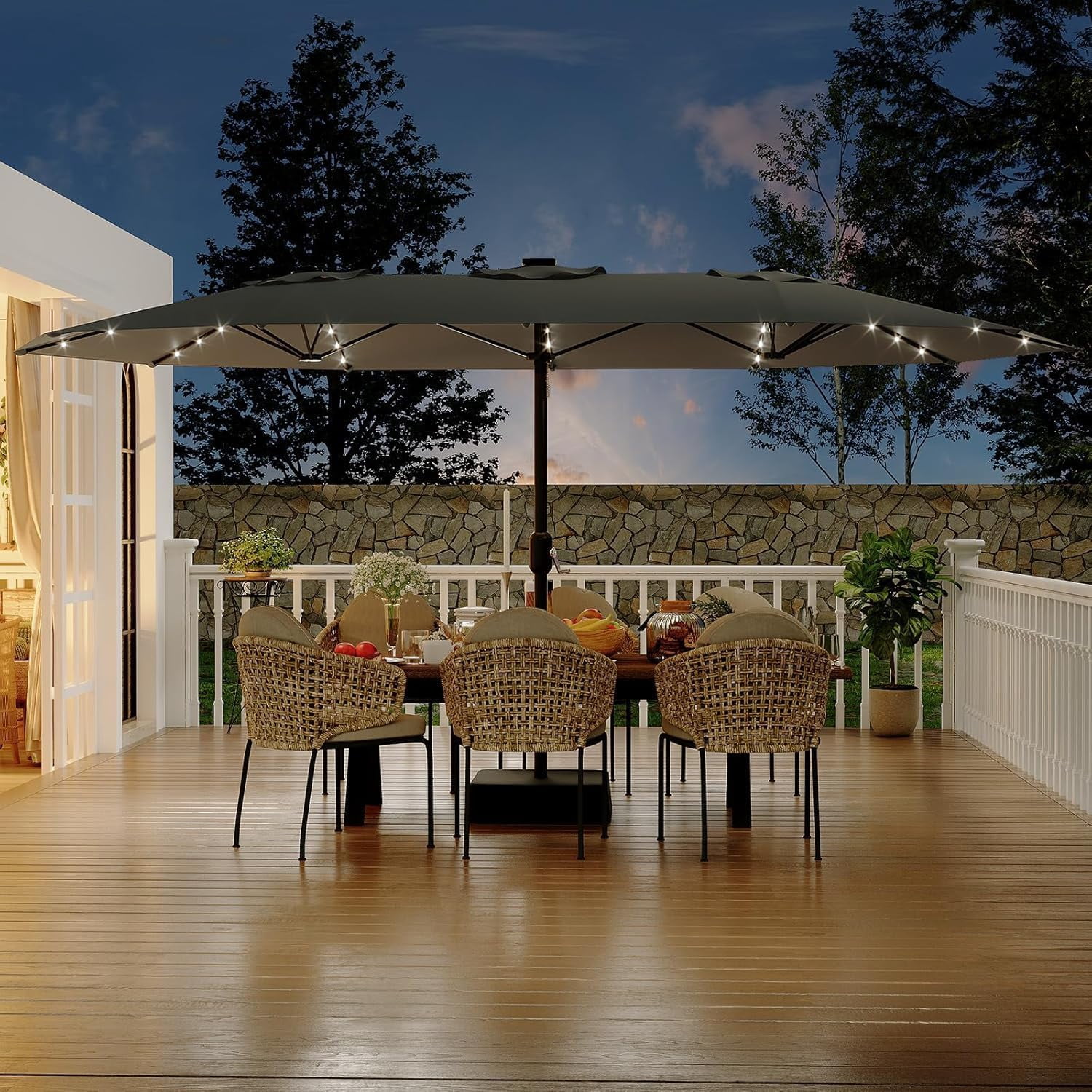 15 Ft Rectangular Patio Umbrella with Solar Lights & Base Included - Large Patio Umbrella with Crank Handle 36 LED Lights, UV Protection for Outdoor Market, Backyard, Deck, Pool, Grey