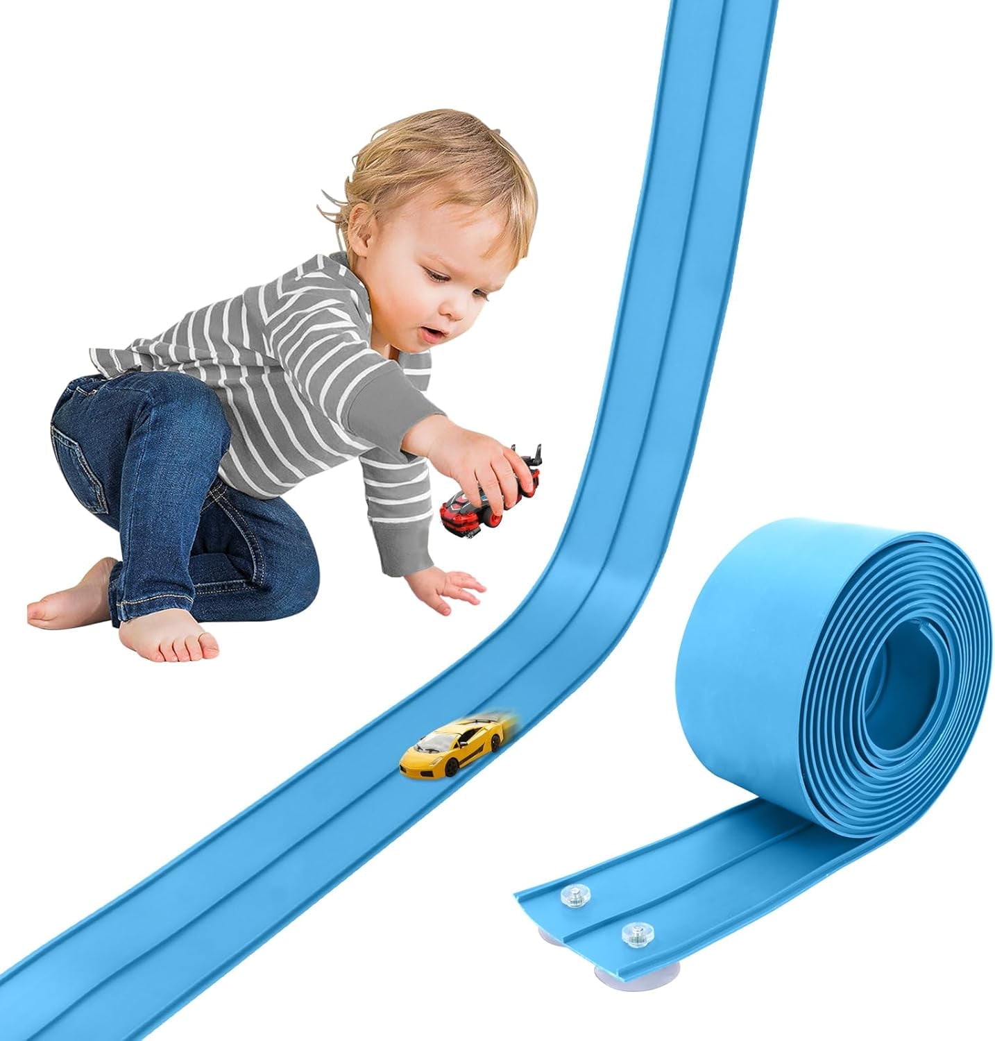 15 Ft Sky Blue Two Lane Flexible Race Car Ramp Track with Suction Cups Compatible with Hot Wheels, Matchbox, Diecast 1/50th Toy Cars Rolls Up Portable Race Track