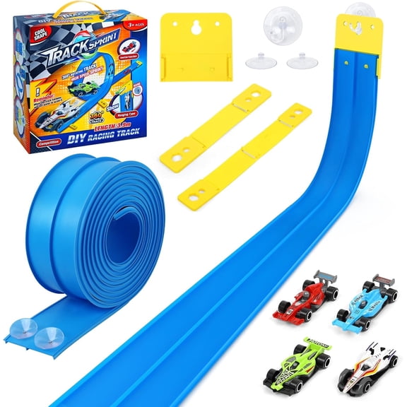 15 ft Flexible Race Track for Kids, Portable Dual Sided Racetrack with 4 Car & Suction Cups, Compatible with Hot Wheels & 1/64 Diecast Cars, Classic Long Rolls up Race Track for Boys Girls (Blue)