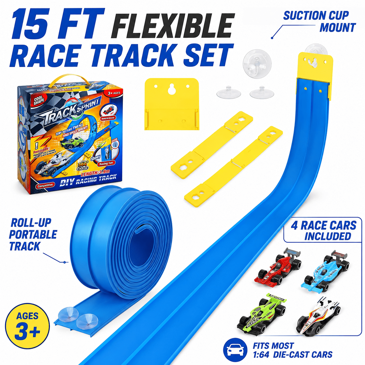 15 ft Flexible Race Track for Kids, Portable Dual Sided Racetrack with 4 Car & Suction Cups, Compatible with Hot Wheels & 1/64 Diecast Cars, Classic Long Rolls up Race Track for Boys Girls (Blue)