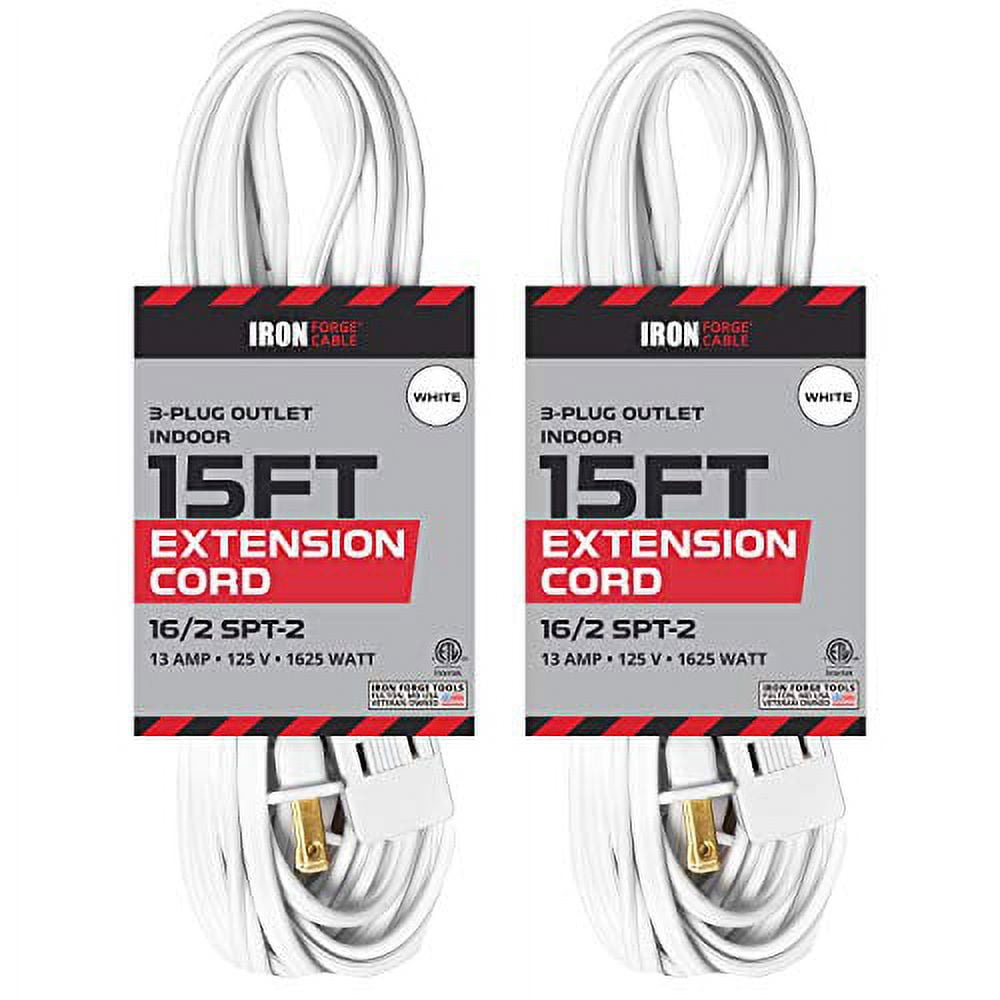 Iron Forge Cable 2 Pack 15 ft White Extension Cord with 3 Outlets - 16/2 SJTW 2 Prong Indoor Extension Cord with Multiple Outlets