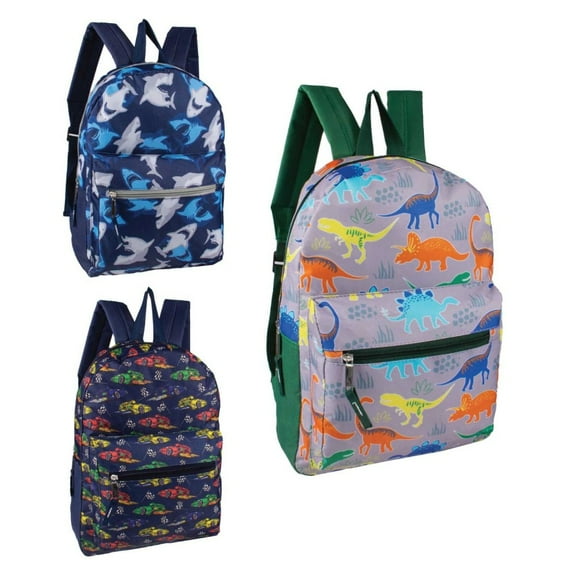 15" Fun Print Boys Bulk Backpacks in 3 Assorted Styles - Wholesale Case of 24 Bookbags