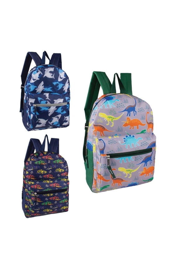 15" Fun Print Boys Bulk Backpacks in 3 Assorted Styles - Wholesale Case of 24 Bookbags