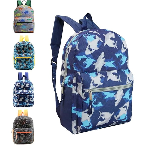 15" Fun Print Boys Bulk Backpacks in 3 Assorted Styles - Wholesale Case of 24 Bookbags