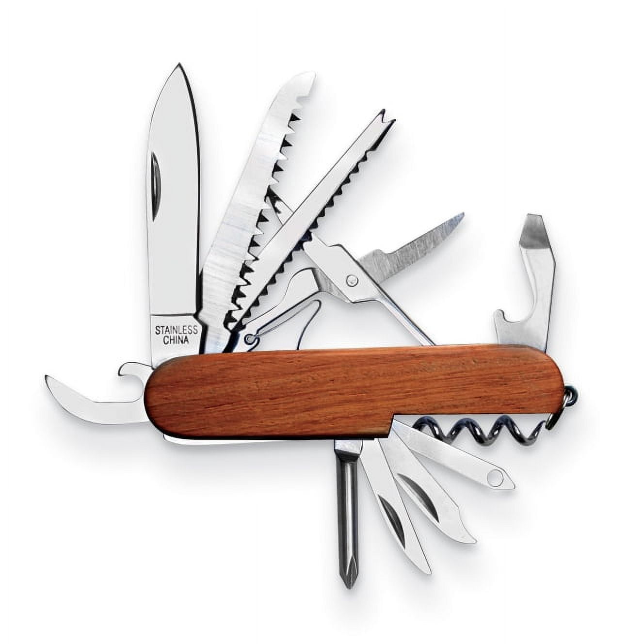 15 Function Wooden Handle Stainless Steel Pocket Knife QGP3458
