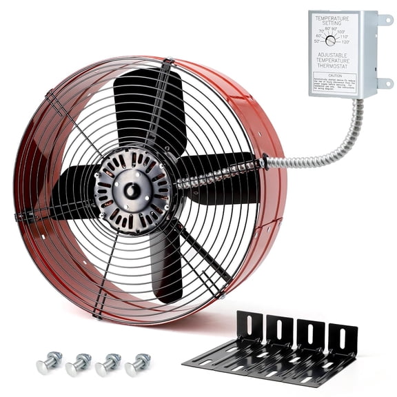 15" Gable Mount Ventilation Exhaust Fan 1300 CFM, 1075 RPM, 1850 SQ. FT.  with Adjustable Thermostat Attic Ventilator Red for Gable, Shed, Home