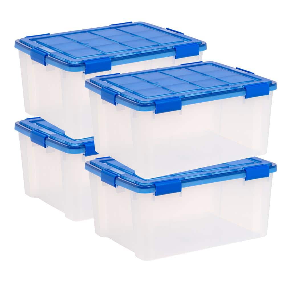 60 Quart Clear Plastic Storage Bins with Blue Lids, Set of 4