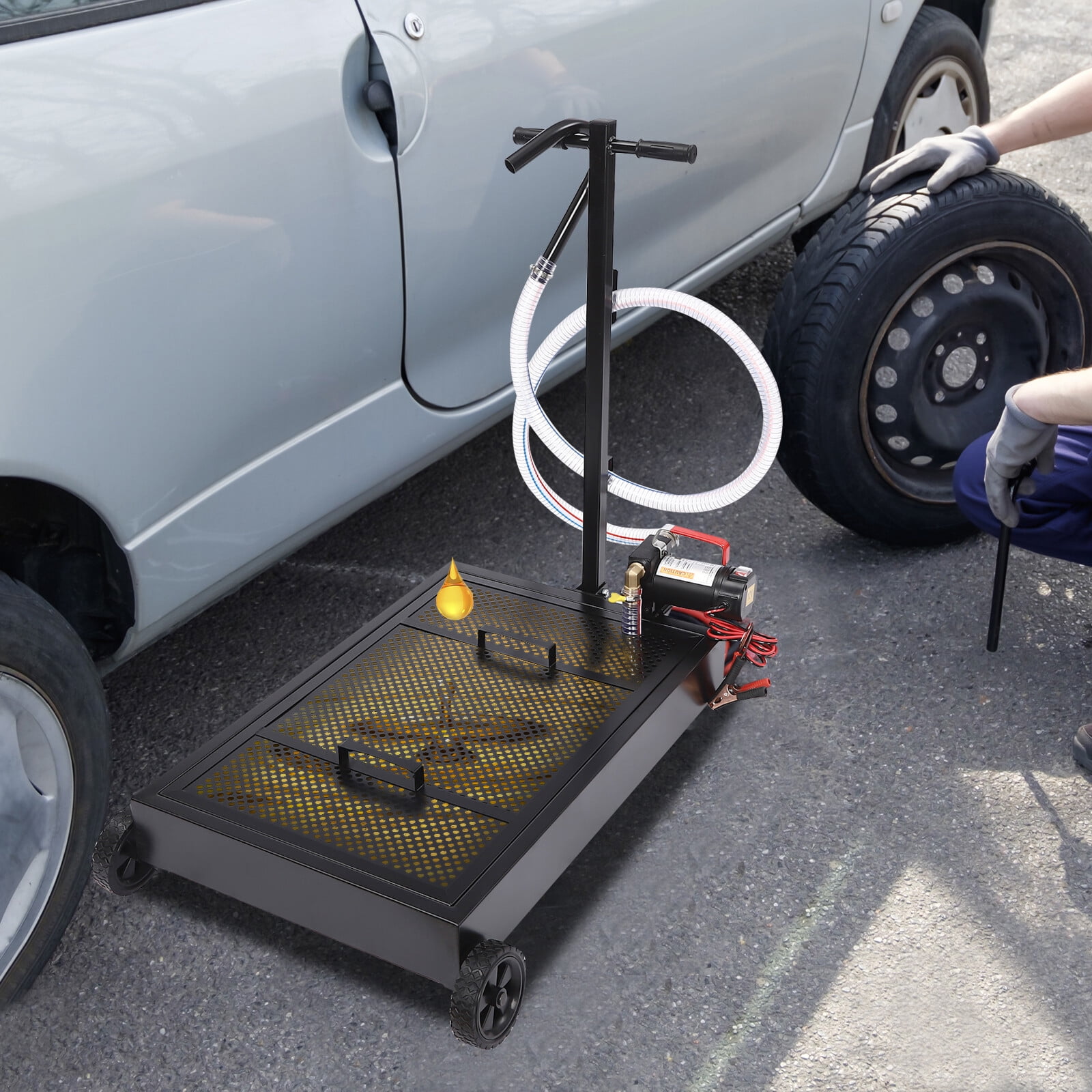 15 Gallon Electric Oil Drain Pan,12V Oil Drain Pan with Pump,56.78L Low Profile Oil Drain Pan,Oil Change Pan with T Foldable Hand and Wheels,8.2FT Hose Oil Drain Cart for Car,SUV,Trucks