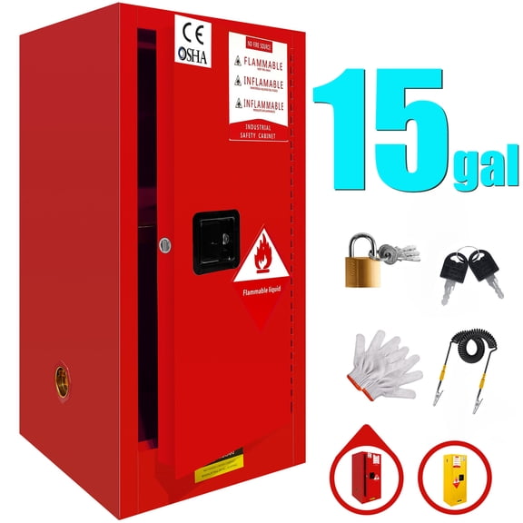 15 Gallon Flammable Storage Cabinet, Galvanized Steel Red Adjustable Thickened Shelf, Fireproof Liquid Storage, Hazardous Storage Cabinets, Safety Cabinets for Industrial Plant