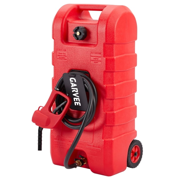 15 Gallon Fuel Caddy with Manual Pump, Portable Fuel Transfer Tank with 10 ft Hose, Rolling Gas and Diesel Storage Tank with Toolbox, Red