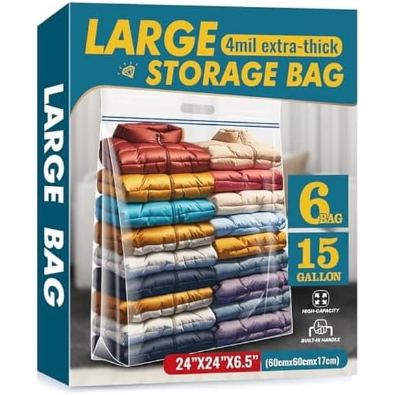 15 Gallon Large Storage Bags, 24" x 24" Clear Plastic Zipper Bags with Handles, Extra Large XL Heavy Duty for Travel Home Moving, Pack of 6