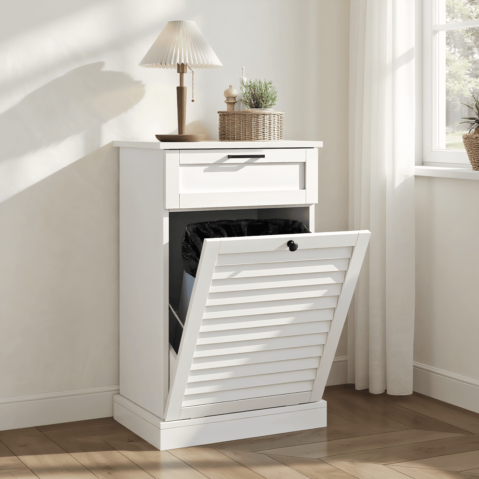 15 Gallon Tilt-Out Laundry Hamper Cabinet with Drawer, Hidden Trash Can Cabinet with Shutter Door & Laundry Basket for Bathroom & Kitchen – White (Single)