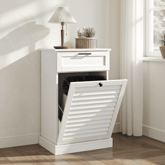 15 Gallon Tilt-Out Laundry Hamper Cabinet with Drawer, Hidden Trash Can Cabinet with Shutter Door & Laundry Basket for Bathroom & Kitchen  White (Single)