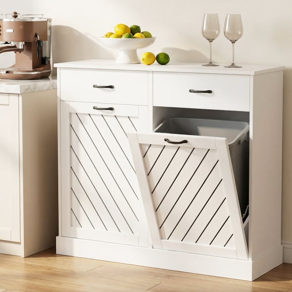 15 Gallons Double Tilt-Out Trash Cabinet, Hidden Garbage Storage with Drawer & Diagonal Pattern for Kitchen & Living Room, White