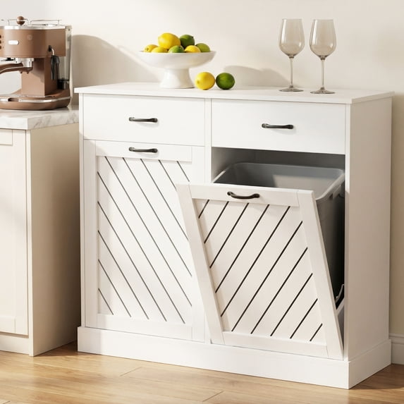 15 Gallons Double Tilt-Out Trash Cabinet, Hidden Garbage Storage with Drawer & Diagonal Pattern for Kitchen & Living Room, White