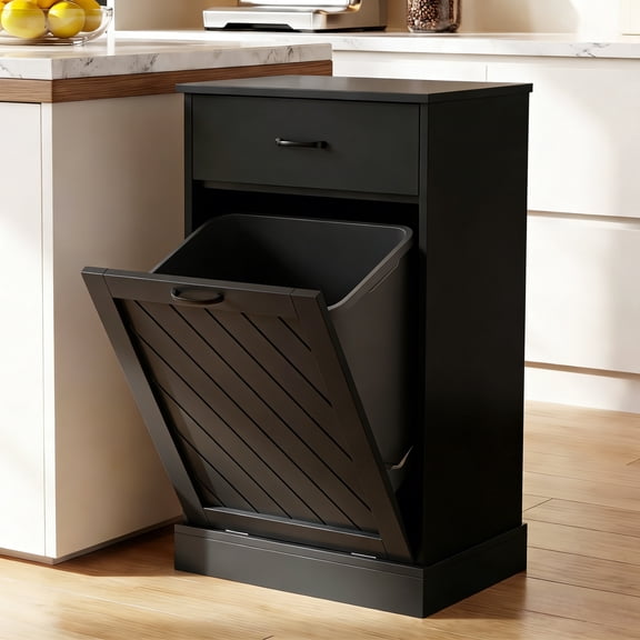 15 Gallons Tilt-Out Trash Can Cabinet, Hidden Garbage Storage with Drawer and Diagonal Pattern for Kitchen & Living Room, Black