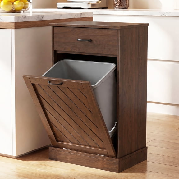 15 Gallons Tilt-Out Trash Can Cabinet, Hidden Garbage Storage with Drawer and Diagonal Pattern for Kitchen & Living Room, Walnut