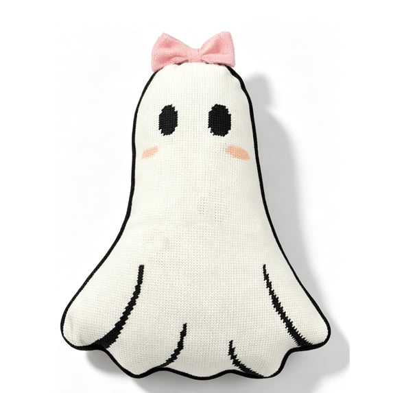 15" Ghost Shaped Throw Pillow with Pumpkin Print, Soft Spooky Decor Polyester Plush Stuffed Cushion for Halloween Sofa Bedroom Party