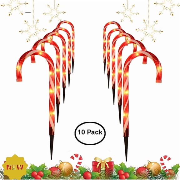 15" Glowing Candy Cane Pathway Markers (10-Count) - Outdoor Walkway Lights w/ Stakes for Garden, Patio & Festive Entryways