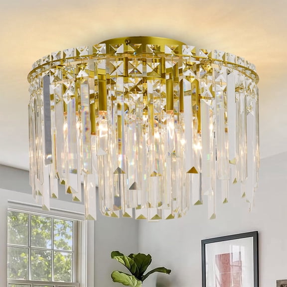 15" Gold Crystal Chandelier Flush Mount Ceiling Light, 5-Light E12 Modern Luxury K9 Crystal Ceiling Fixture for Bedroom, Dining Room, Living Room, Hallway, Entryway
