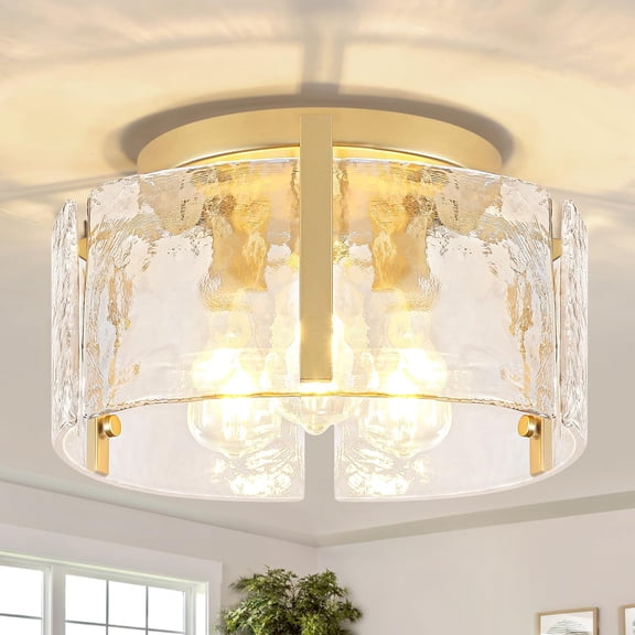 15'' Gold Semi Flush Mount Ceiling Light, 3-Light Glass Drum Light Fixtures, Ceiling Lights for Hallway Entryway Foyer Bedroom Kitchen Island Dining Room Laundry Room Bathroom Lighting Fixture
