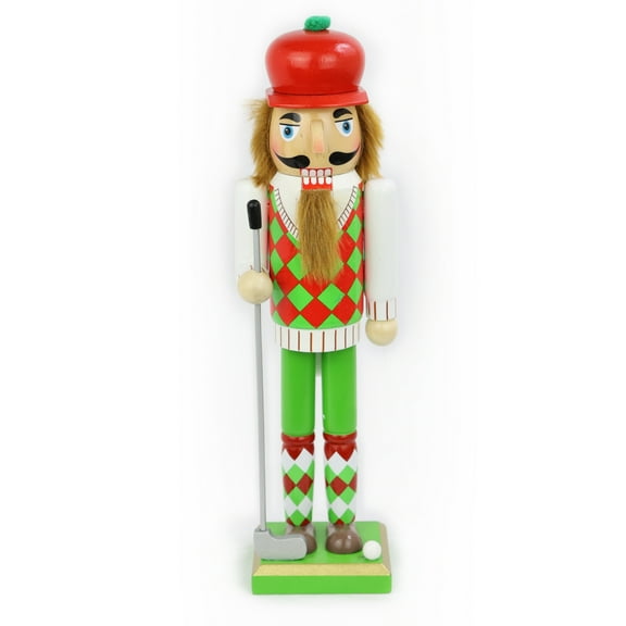 15" Golf Themed Wooden Nutcracker Christmas Decoration Hand painted with Golf Club, Ball and Classic Argyle golfing outfit. Lighthearted Christmas dcor for display collectors or gifting.