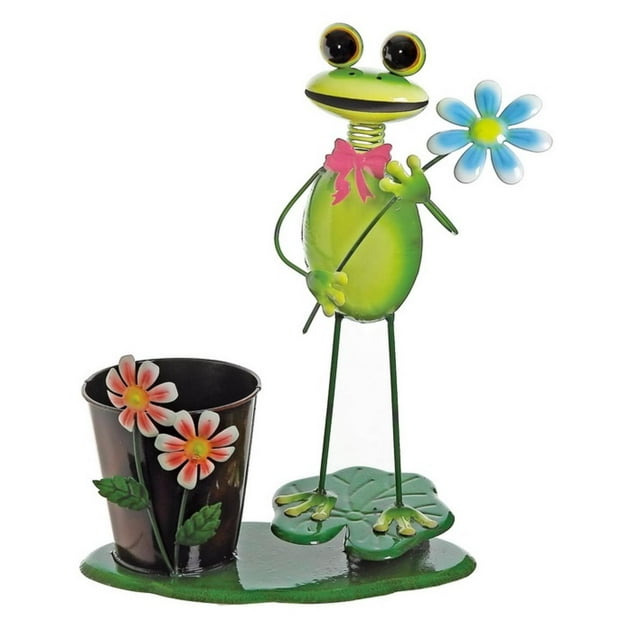15" Green Frog With Flowers on a Lily Pad Decorative Spring Outdoor Garden Planter