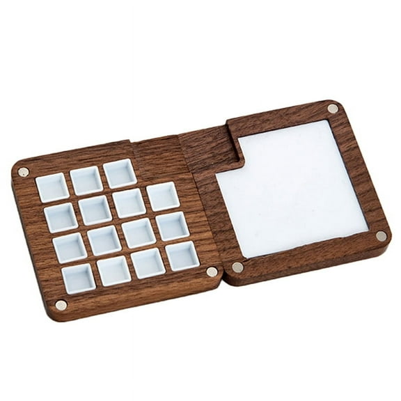 15 Grid Portable Sketchbook Palette, Mini Walnut Wood Color Palette Box Travel Watercolor Case for Drawing Black Walnut