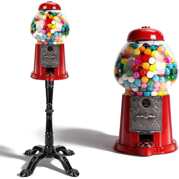 15" Gumball Machine with Stand - Vintage Bubble Gum Machine with Glass Globe and Metal Base - Candy Dispenser of Coin or Coinless Dispensing for Kids (Red)