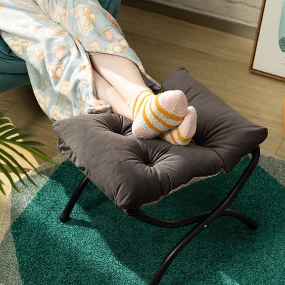 15"(H) Folding Footrest Stool, Accent Padded Sofa Foot Stool for Lazy Chair, Upholstered Small Foldable Ottoman, Metal Frame Portable Foot Rest Ottoman for Living Room, Bedroom, Smoky Grey