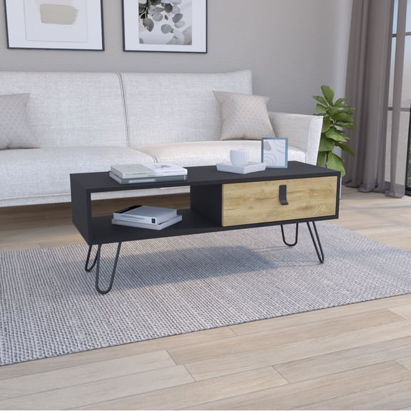 15" H Rectangular White / Macadamia Coffee Table with Vintage Metal Legs