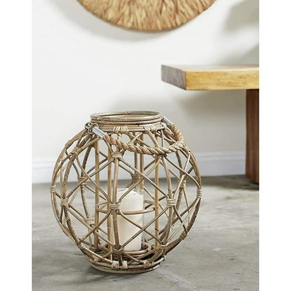 15"H Rustic Farmhouse Brown Woven Rattan Candle Lantern with Jute Rope Handle