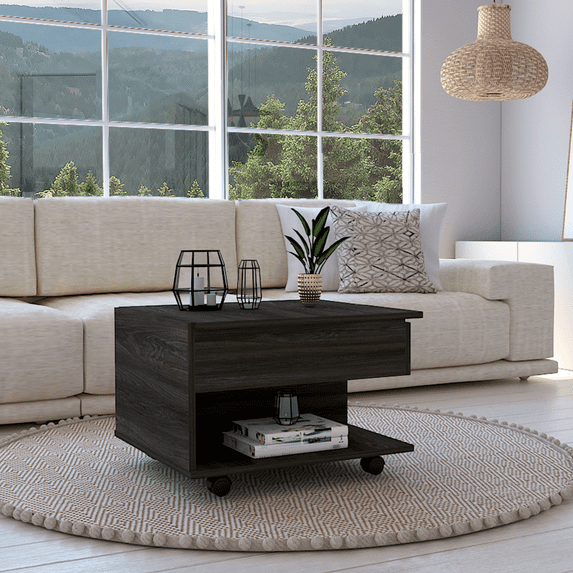 15" H carbon espresso coffee table, 4 brake wheels, lifting top that allows storage inside the table, 1 lower shelf and 1 vertical division that allows you to decorate with photos, and design books.