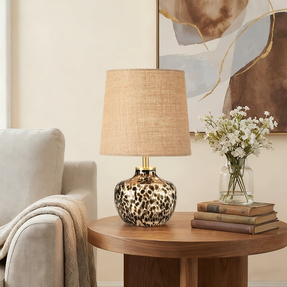 15" Hand-Blown Glass Table Lamp with Natural Raffia Shade & Leopard-Print Base. Ideal accent lamp for bedroom, living room, entryway. Bulb not included. Great gift for holidays & anniversaries.