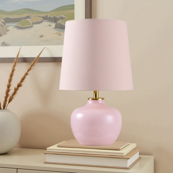 15" Hand-Blown Glass Table Lamp Set, Blush Pink Velvet Shade, Pink Glass Base, Small Accent Lamp For Girls Bedroom Nightstand, Living Room, Kitchen Counter(Bulb Not Included)