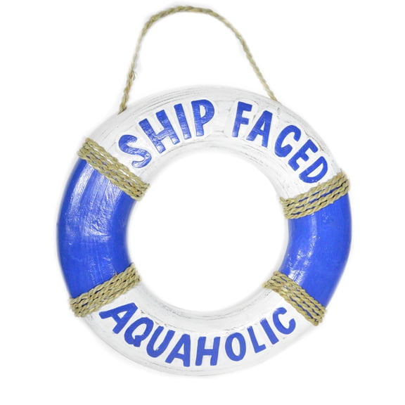 15" Hand Carved Lifesaver Buoy "Ship Faced Aquaholic" Cute Sign White Wash