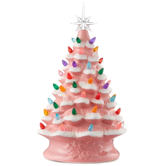 15" Hand Painted Ceramic Christmas Tree, Pink Snow Flocked Pre-Lit Tree, 128 Multi-Color Lights, 2 Star Toppers