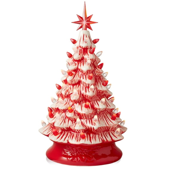 15" Hand Painted Ceramic Christmas Tree, Red and White Peppermint Pre-Lit Tree with Star