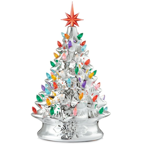 15" Hand Painted Ceramic Christmas Tree, Silver Pre-Lit Tree, 128 Multi-Color Lights, 2 Star Toppers