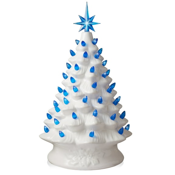 15" Hand Painted Ceramic Christmas Tree, White Pre-Lit Tree, 128 Pink and Blue Lights, 2 Star Toppers