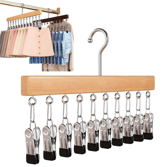 15" Hanging Closet Organizer, Space Saving Multi-Tier Pants Hanger with 10 Solid Wood Clips for Jeans Skirts Scarves, Heavy Duty Trouser Hanger for Closet, Natural Wood, By Preplabs