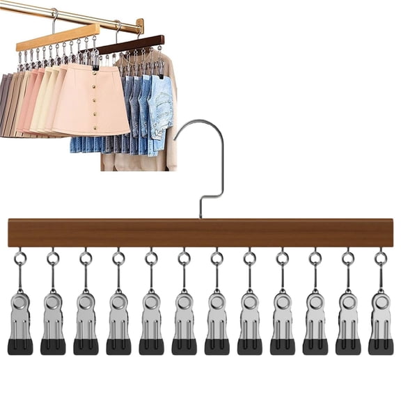 15" Hanging Closet Organizer, Space Saving Multi-Tier Pants Hanger with 12 Solid Wood Clips for Jeans Skirts Scarves, Heavy Duty Trouser Hanger for Closet, Vintage, By Preplabs
