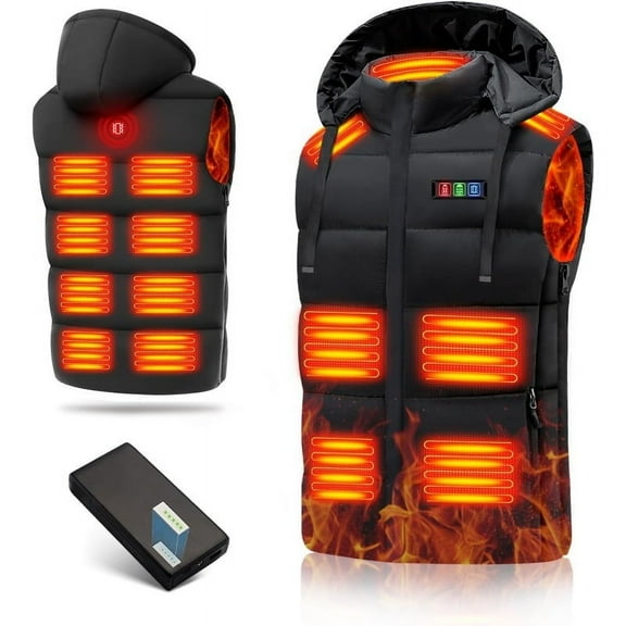 15 Heated Zones men's heating vest with 35000mAh 7.4V battery, suitable for both men and women, washable, 3-second rapid heating, black, with hat