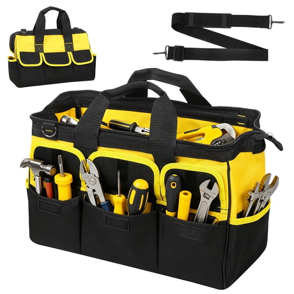 15" Heavy Duty Tool Bag Oxford Cloth Multi Pocket Tool Storage Bag with Handle and Should Strap for Electrician Carpenter,Black + Yellow